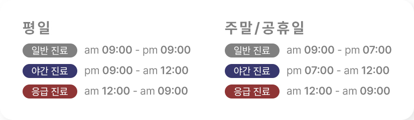일반지료-9am~9pm-야간진료-9pm~12am-응급진료-12am~0am-주말/공휴일-일반진료-9am~7pm-야간진료-7pm~12am-응급진료-12am~9am